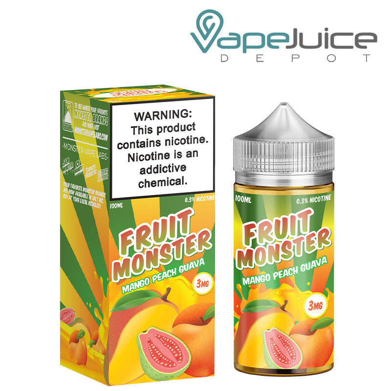 A box of Mango Peach Guava Fruit Monster with a warning sign and a 100ml bottle next to it - Vape Juice Depot