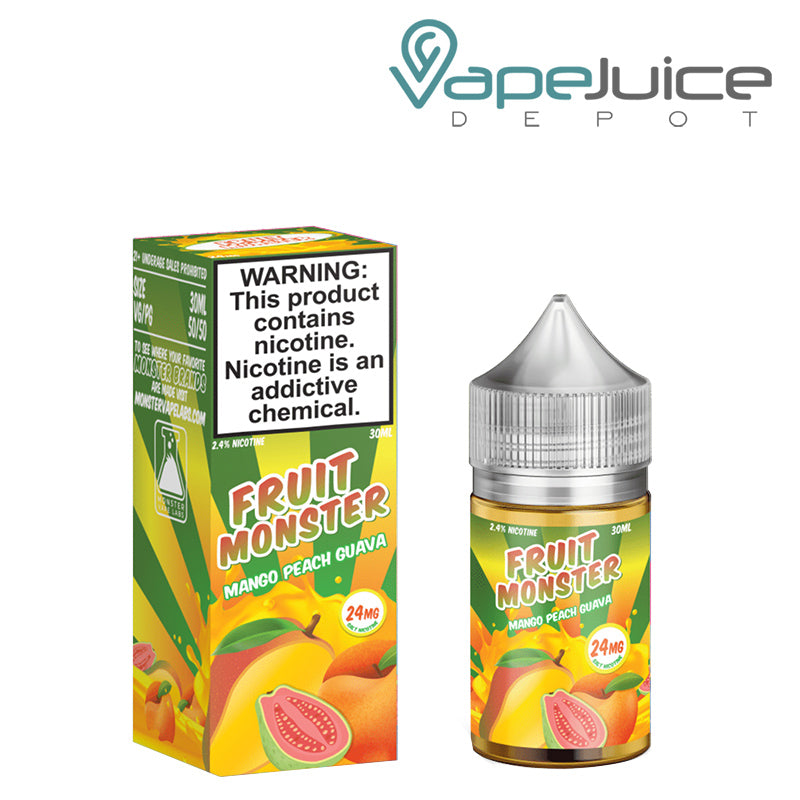 A box of Mango Peach Guava Fruit Monster Salt with a warning sign and a 30ml bottle next to it - Vape Juice Depot