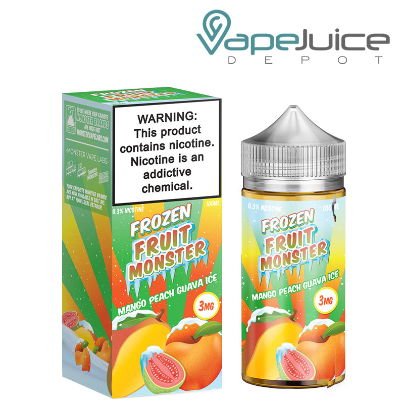 A box of Mango Peach Guava Ice Frozen Fruit Monster with a warning sign and a 100ml bottle next to it - Vape Juice Depot