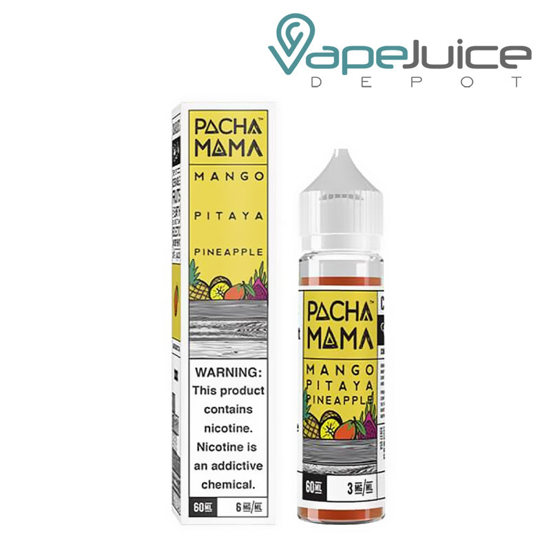 A box of Mango Pitaya Pineapple PachaMama with a warning sign and a 60ml bottle next to it - Vape Juice Depot