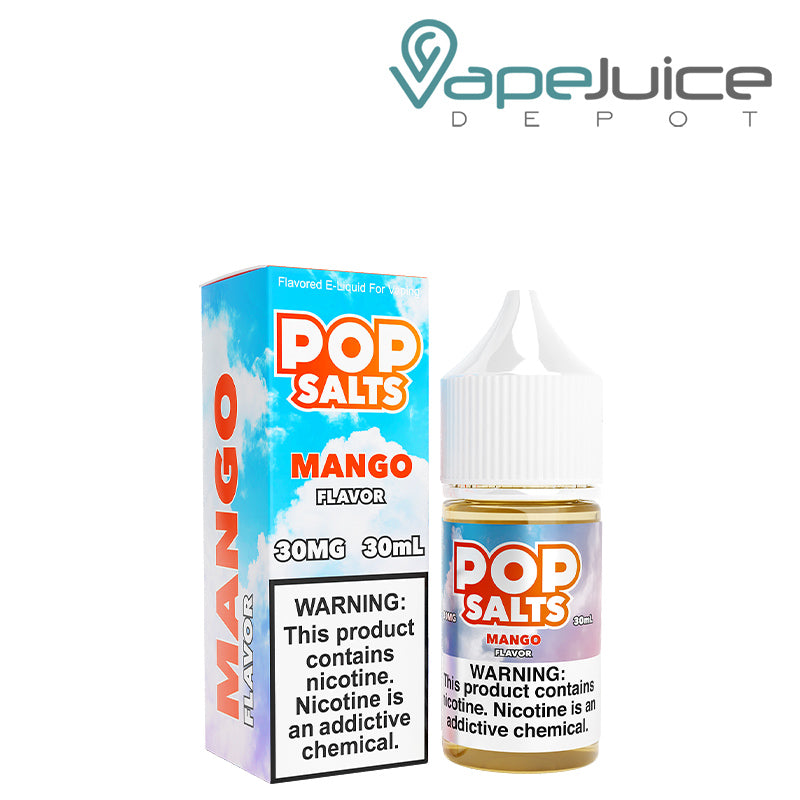 A box of Mango Pop Salts 30ml with a warning sign and a bottle next to it - Vape Juice Depot