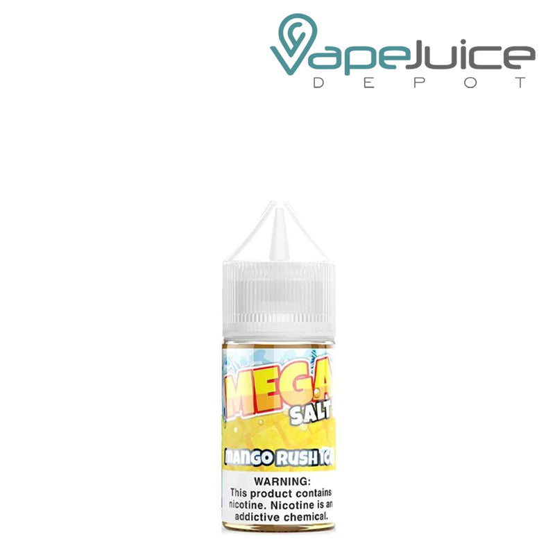 A 30ml bottle of Mango Rush Ice MEGA Salts eLiquid with a warning sign - Vape Juice Depot