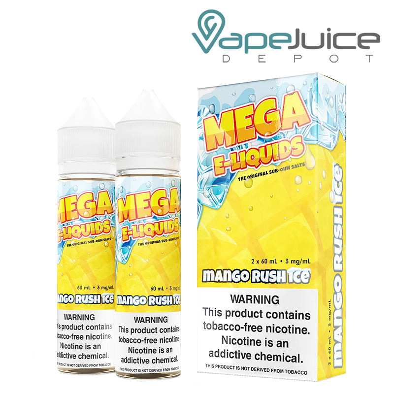 Two 60ml bottles of Mango Rush Ice MEGA e-Liquids with a warning sign and a box next to it - Vape Juice Depot
