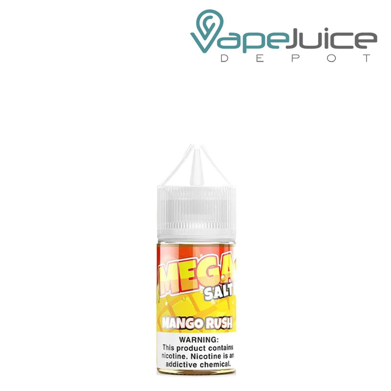 A 30ml bottle of Mango Rush MEGA Salts with a warning sign - Vape Juice Depot