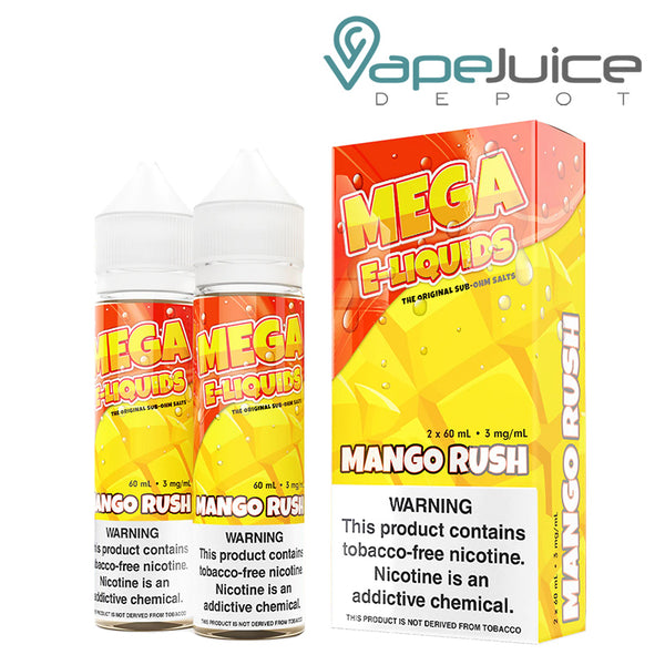 Two 60ml bottles of Mango Rush MEGA e-Liquids with a warning sign and a box next to it - Vape Juice Depot