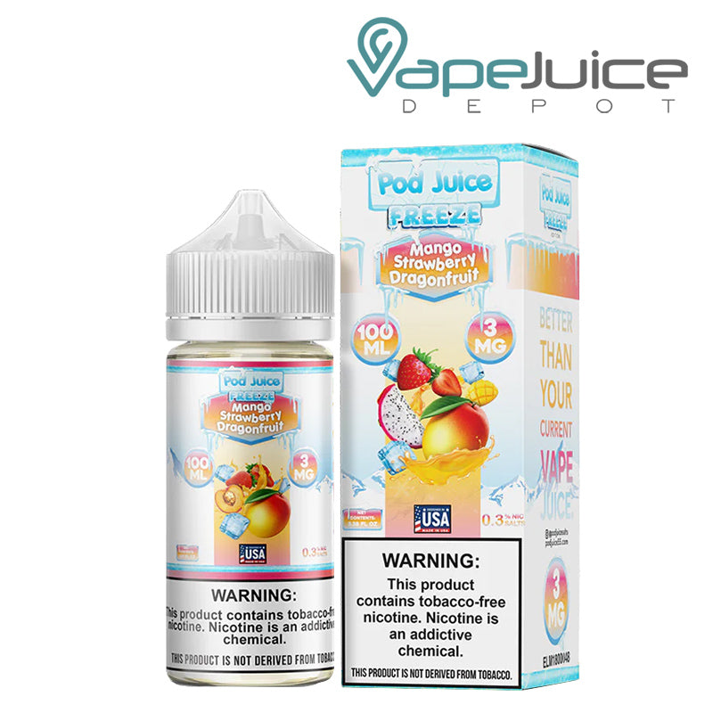 A 100ml bottle of Mango Strawberry Dragonfruit Freeze Pod Juice TFN with a warning sign and a box next to it - Vape Juice Depot