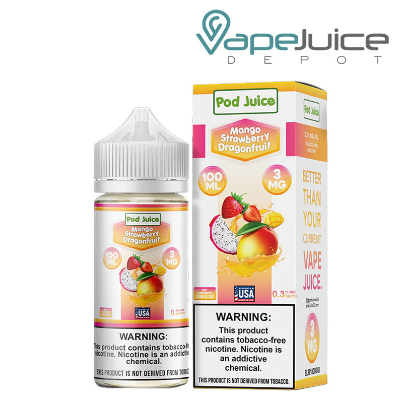 A 100ml bottle of Mango Strawberry Dragonfruit Pod Juice TFN with a warning sign and a box next to it - Vape Juice Depot