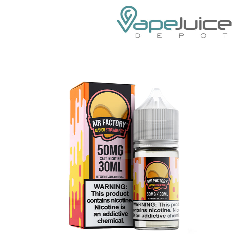 A box of Mango Strawberry Salts Air Factory Synthetic with a warning sign and a 30ml bottle next to it - Vape Juice Depot
