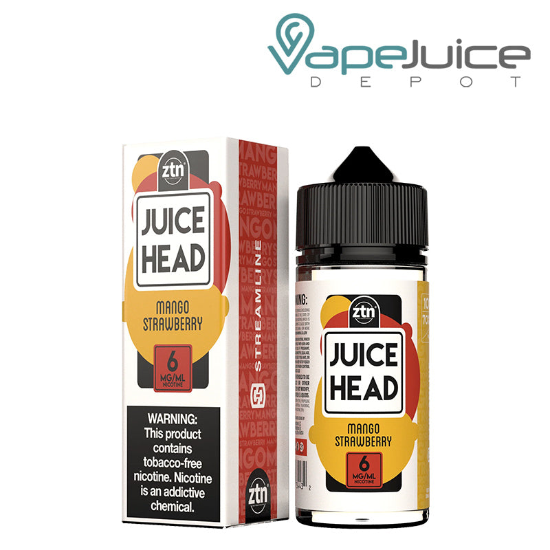 A box of Mango Strawberry Streamline Juice Head Series with a warning sign and a 100ml bottle next to it - Vape Juice Depot