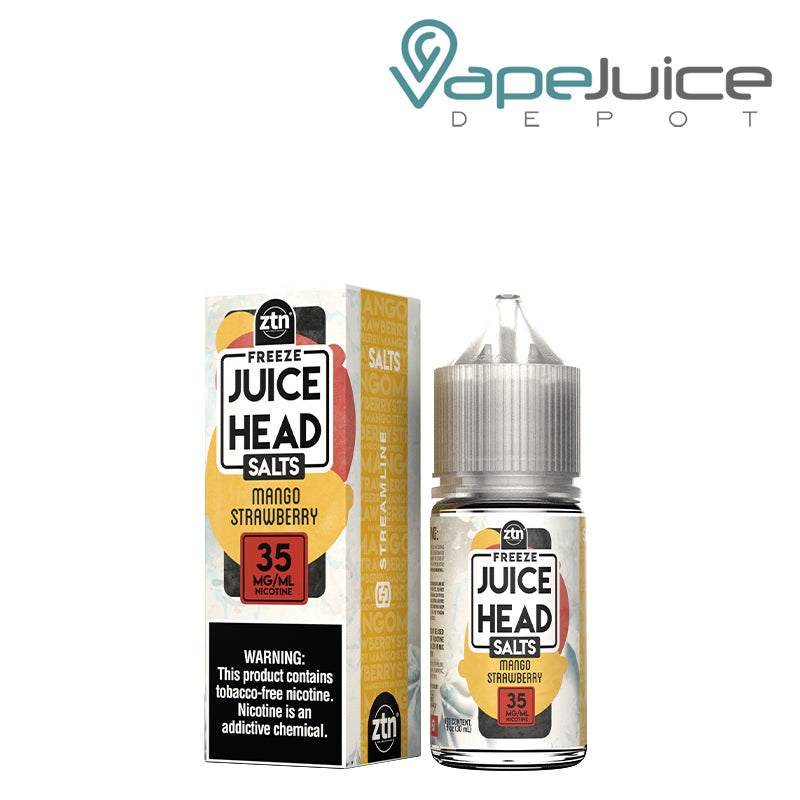 A Box of 35mg Mango Strawberry ZTN Salts Juice Head Freeze with a warning sign and a 30ml bottle next to it - Vape Jucie Depot