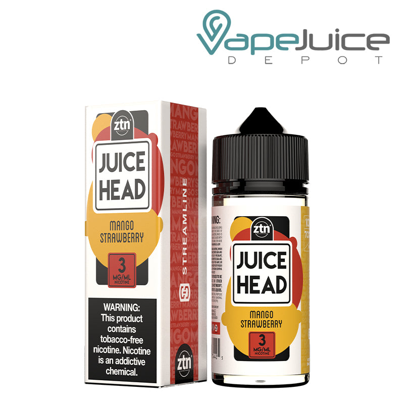 A box of 3mg Mango Strawberry Streamline Juice Head Series with a warning sign and a 100ml bottle next to it - Vape Juice Depot