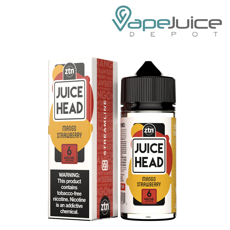 A box of 6mg Mango Strawberry Streamline Juice Head Series with a warning sign and a 100ml bottle next to it - Vape Juice Depot