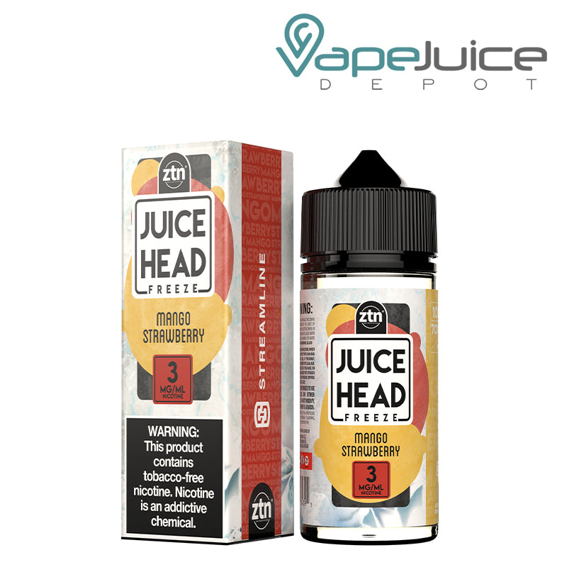 A 100ml bottle of 3mg Mango Strawberry TFN Juice Head Freeze and a box with a warning sign next to it - Vape Juice Depot