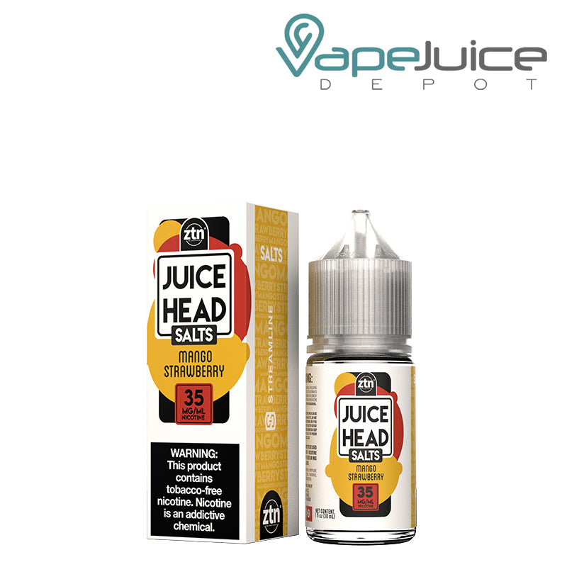 A box of 35mg Mango Strawberry ZTN Salts Juice Head with a warning sign and a 30ml bottle next to it - Vape Juice Depot