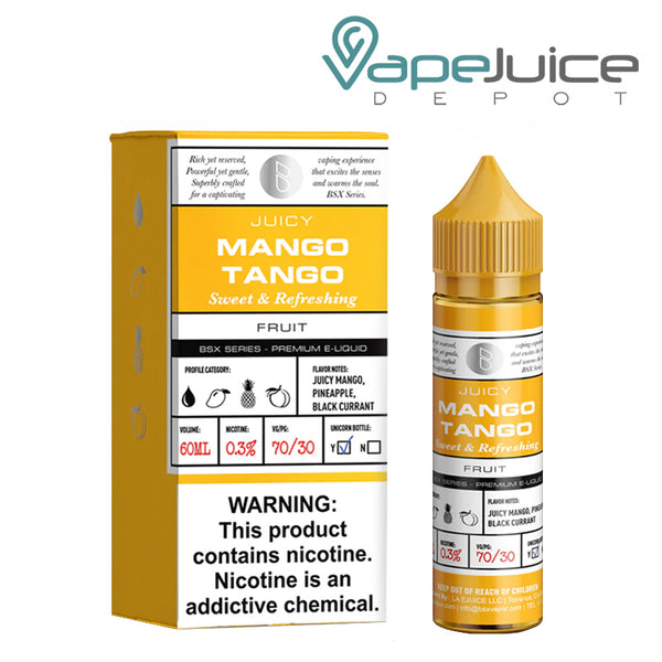 A box of Mango Tango Glas Basix Series with a warning sign and a 60ml bottle next to it - Vape Juice Depot
