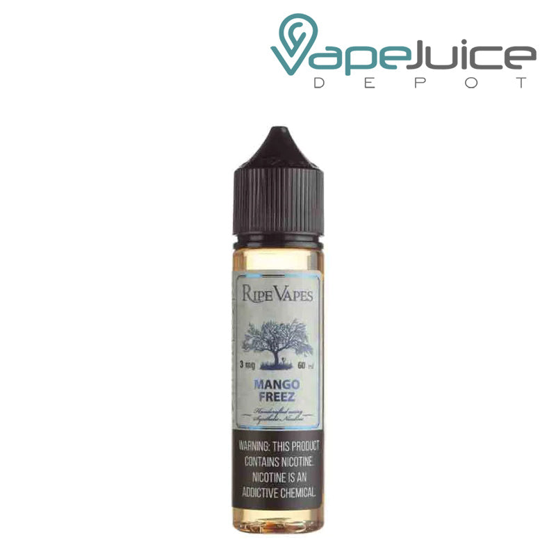 A 60ml bottle of Mango Freez Ripe Vapes eLiquid with a warning sign - Vape Juice Depot