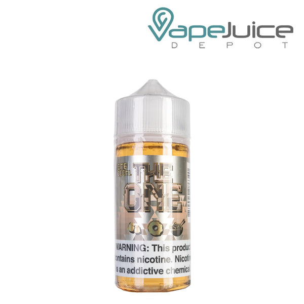 A 100ml bottle of Marshmallow Milk The One eLiquid with a warning sign - Vape Juice Depot