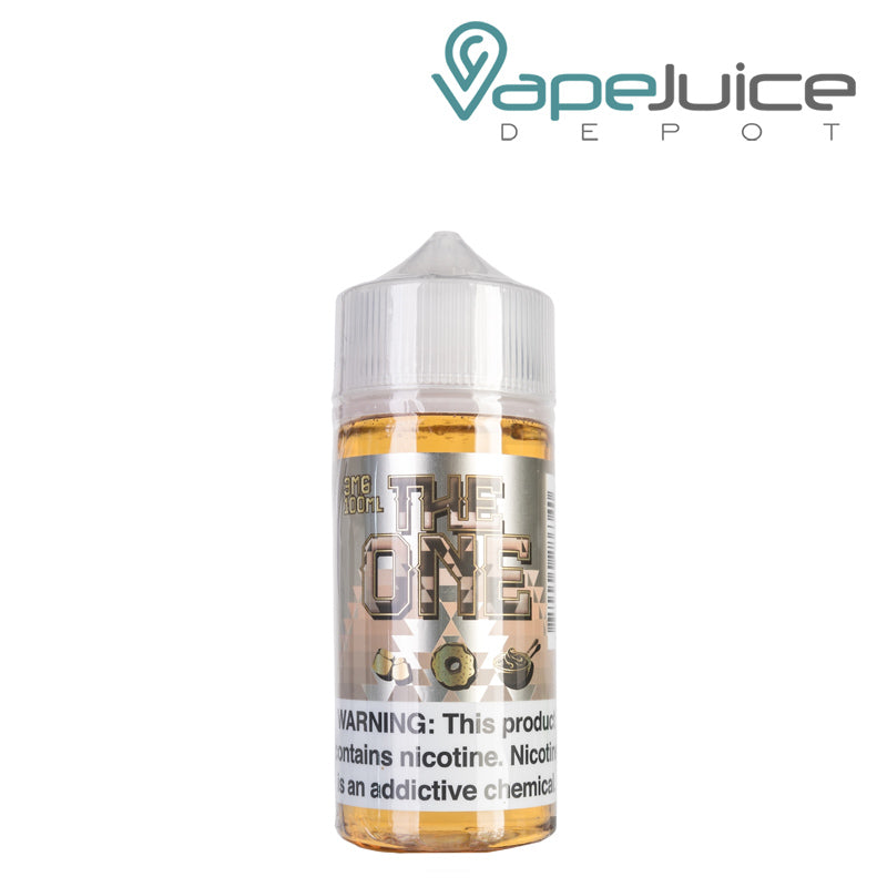 A 100ml bottle of Marshmallow Milk The One eLiquid with a warning sign - Vape Juice Depot