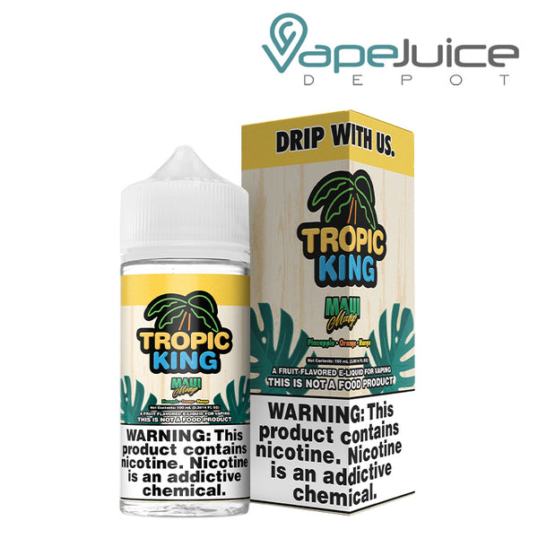 A 100ml bottle of Maui Mango Tropic King eLiquid and a box with a warning sign next to it - Vape Juice Depot