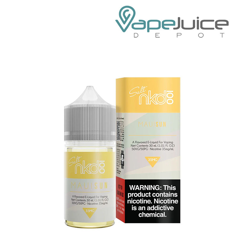 A 30ml bottle of Maui Sun Naked 100 Salt eLiquid and a box with a warning sign next to it - Vape Juice Depot