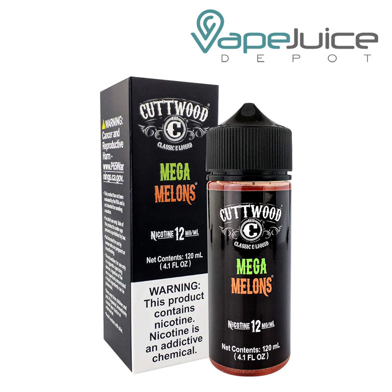 A box of Mega Melons Cuttwood eLiquid with a warning sign and a 120ml bottle next to it - Vape Juice Depot