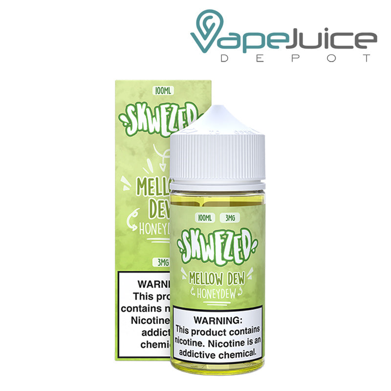 A Box of Mellow Dew Skwezed eLiquid with a warning sign and a 100ml bottle next to it - Vape Juice Depot