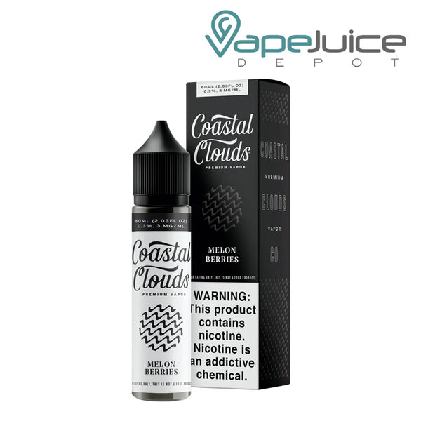 A 60ml bottle of Melon Berries Coastal Clouds and a box with a warning sign next to it - Vape Juice Depot