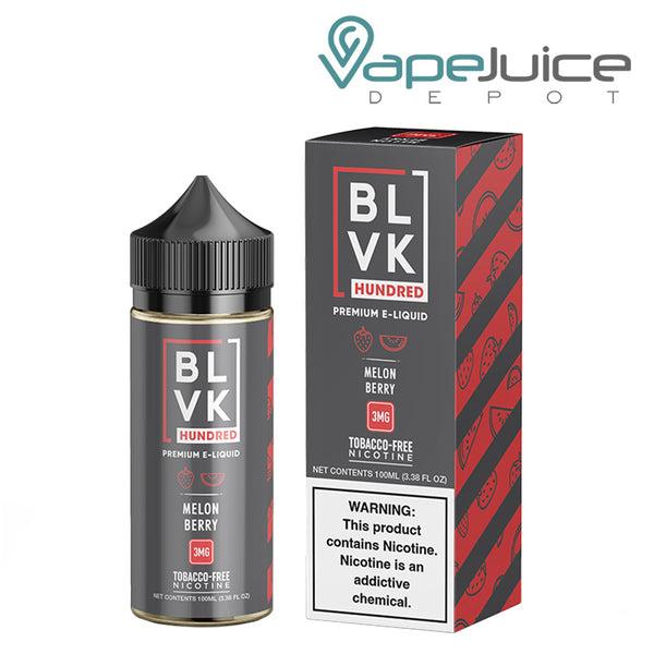 A 100ml Bottle of Melon Berry BLVK Hundred TFN eLiquid and a box with a warning sign next to it - Vape Juice Depot