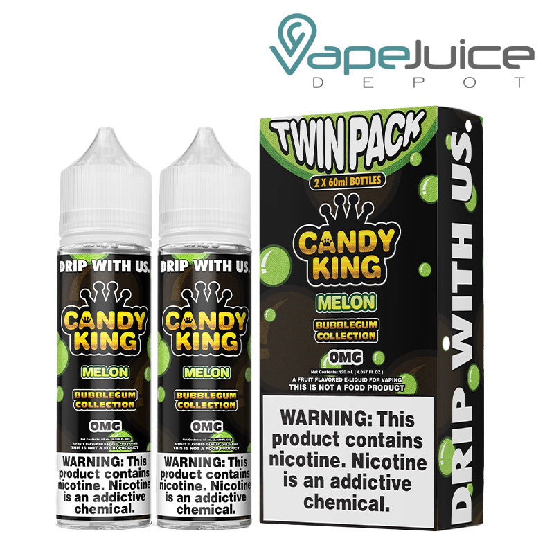 Two 60ml bottles of Melon Candy King Bubblegum and a box with a warning sign next to it - Vape Juice Depot