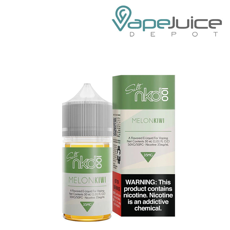A 30ml bottle of Melon Kiwi Naked 100 Salt eLiquid and a box with a warning sign next to it - Vape Juice Depot