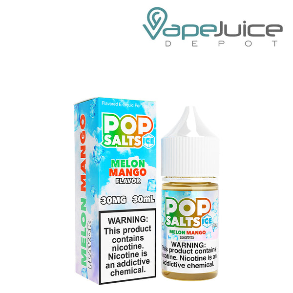 A box of Melon Mango Ice Pop Salts 30ml with a warning sign and a bottle next to it - Vape Juice Depot