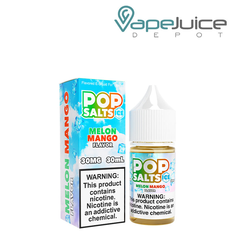 A box of Melon Mango Ice Pop Salts 30ml with a warning sign and a bottle next to it - Vape Juice Depot