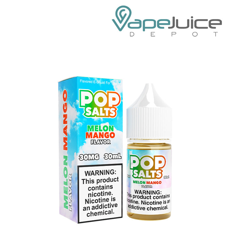 A box of Melon Mango Pop Salts 30ml with a warning sign and a bottle next to it - Vape Juice Depot