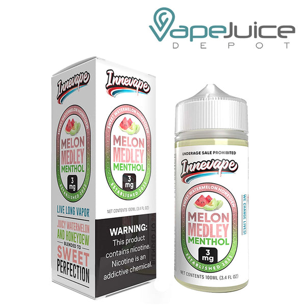A box of Melon Medley Menthol Innevape TF Nic with a warning sign and a 100ml bottle next to it - Vape Juice Depot