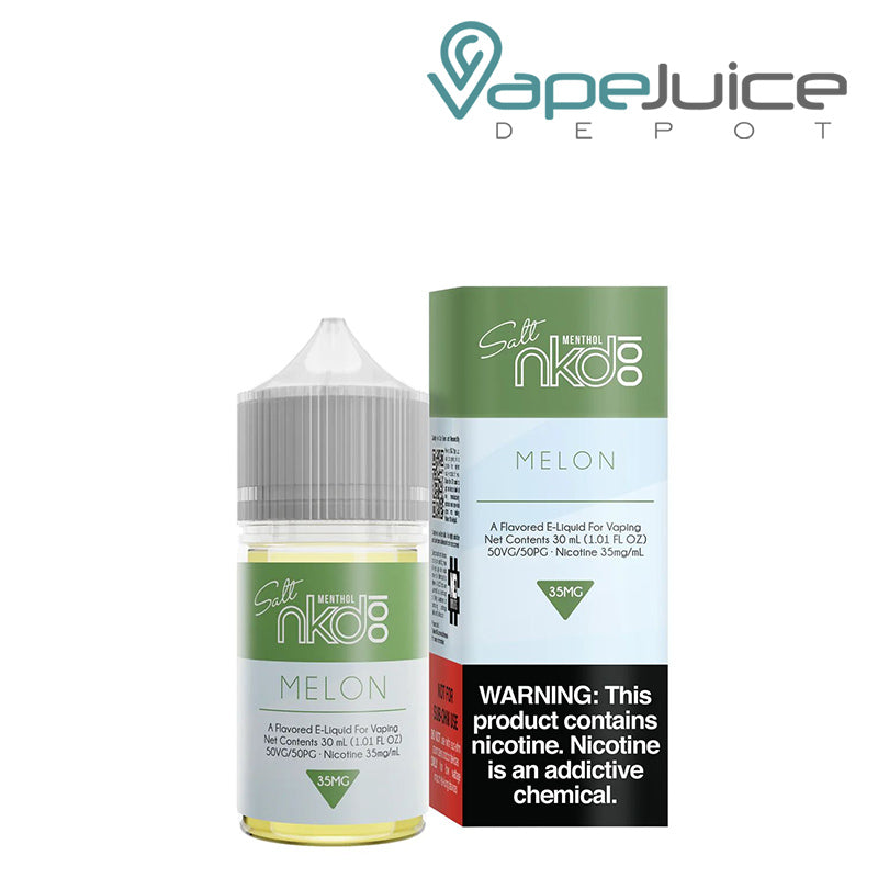 A 30ml bottle of Melon Naked 100 Salt eLiquid and a box with a warning sign next to it - Vape Juice Depot