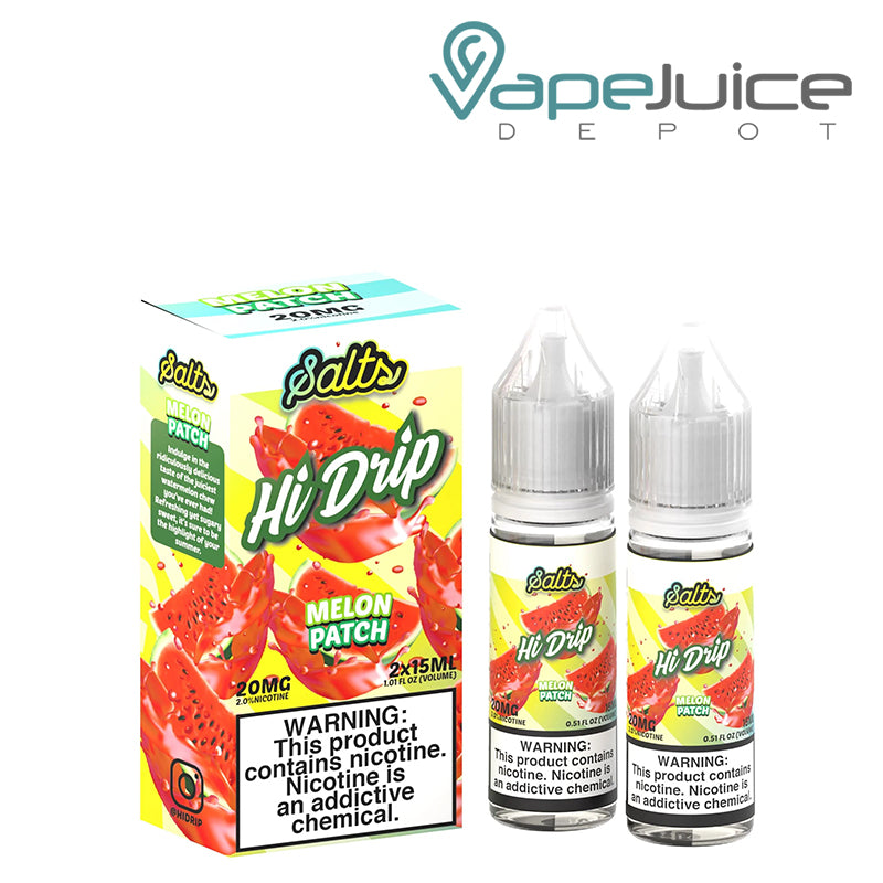A box of Melon Patch Hi-Drip Salts and two 15ml bottles with a warning sign next to it - Vape Juice Depot