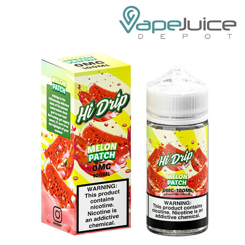 A box of 0mg Melon Patch Hi-Drip eLiquid with a warning sign and a 100ml bottle next to it - Vape Juice Depot