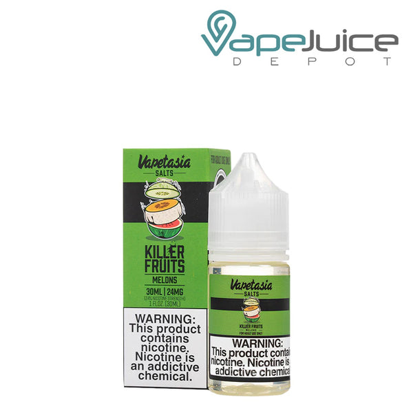 A box of Melons Vapetasia Salts eLiquid with a warbing sign and a 30ml bottle next to it - Vape Juice Depot