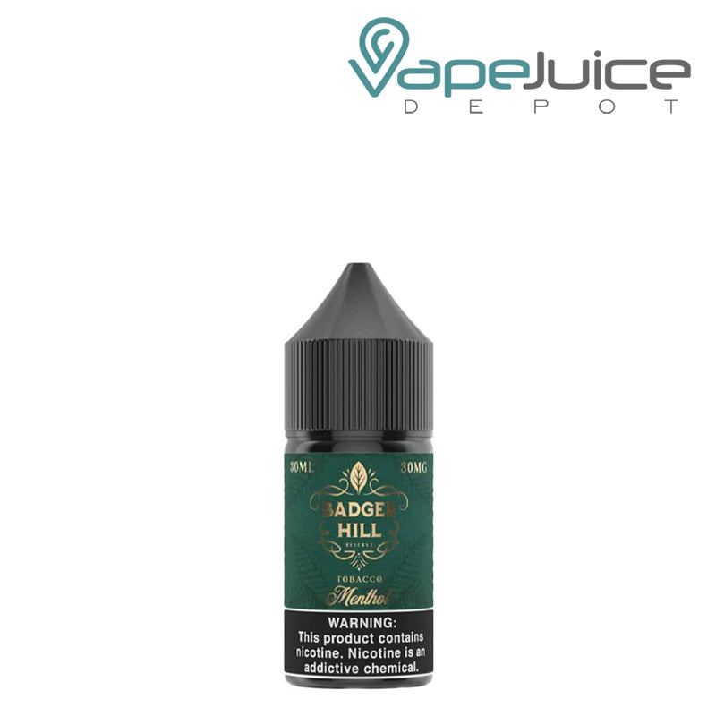 A 30ml bottle of Menthol Badger Hill Reserve Salt with a warning sign - Vape Juice Depot