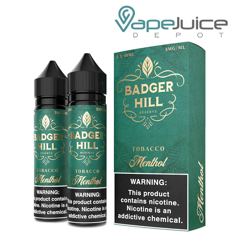 Two 60ml bottles of Menthol Badger Hill Reserve with a warning sign and a box next to it - Vape Juice Depot