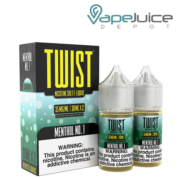 A box of Menthol No 1 Twist Salt 35mg E-Liquid with a warning sign and two 30ml bottles next to it - Vape Juice Depot