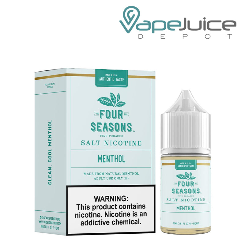 A box of Menthol Salt Four Seasons with a warning sign and a 30ml bottle next to it - Vape Juice Depot
