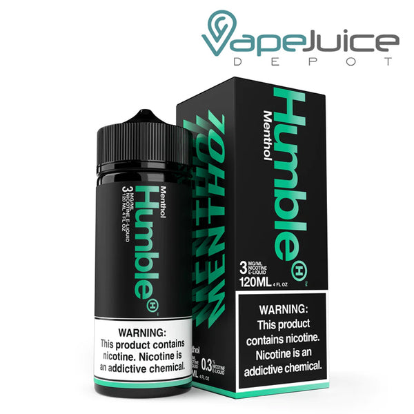 A 120ml bottle of Menthol TFN Humble eLiquid and a box with a warning sign next to it - Vape Juice Depot