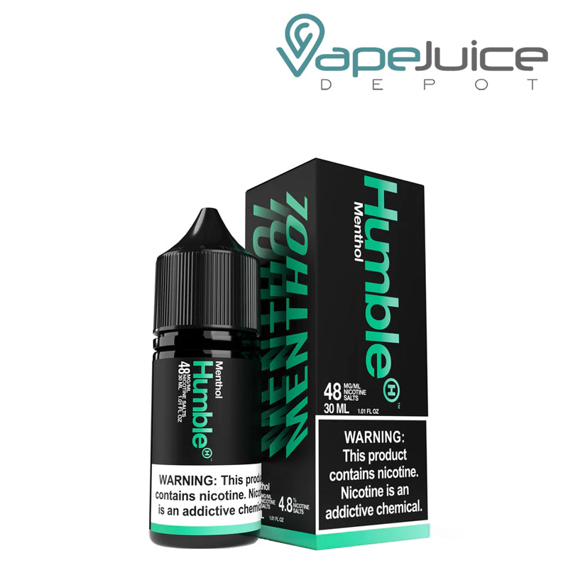 A 30ml bottle of Menthol TFN Salts Humble eLiquid with a warning sign and a box next to it - Vape Juice Depot