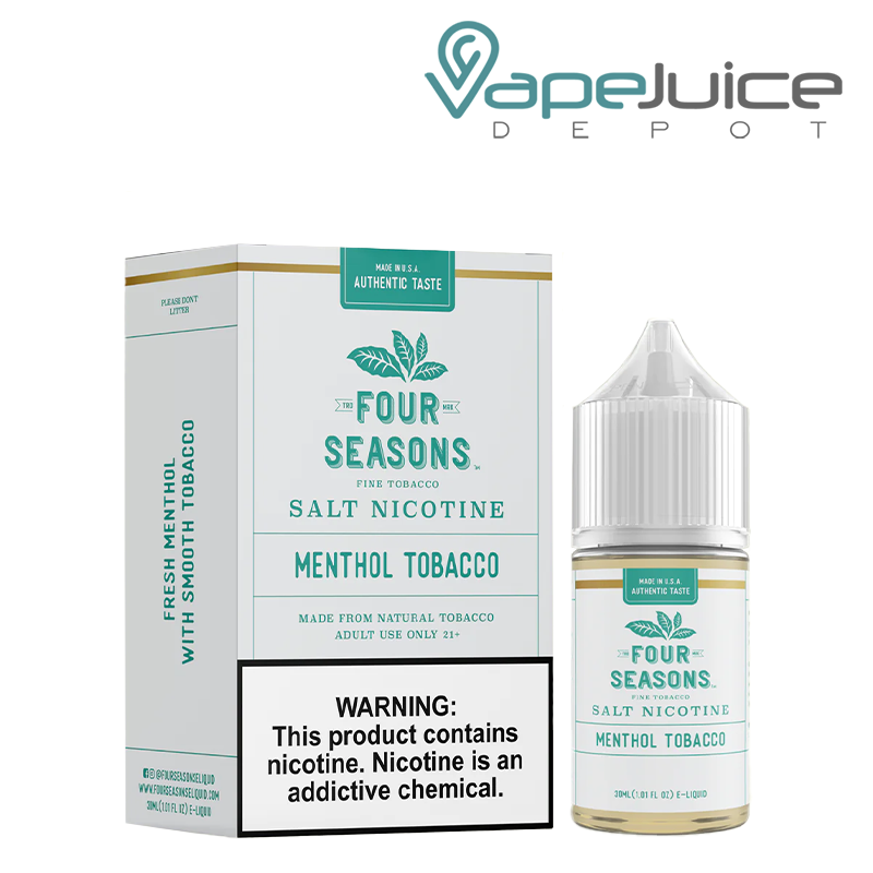A box of Menthol Tobacco Salt Four Seasons with a warning sign and a 30ml bottle next to it - Vape Juice Depot