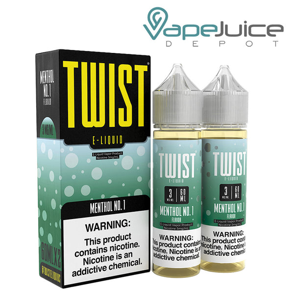 A box of Menthol No 1 Twist 3mg E-Liquid with a warning sign and two 60ml bottles next to it - Vape Juice Depot