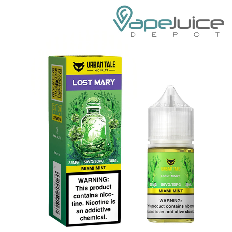 A Box of Miami Mint Urban Tale x Lost Mary Salt 35mg with a warning sign and a 30ml bottle next to it - Vape Juice Depot