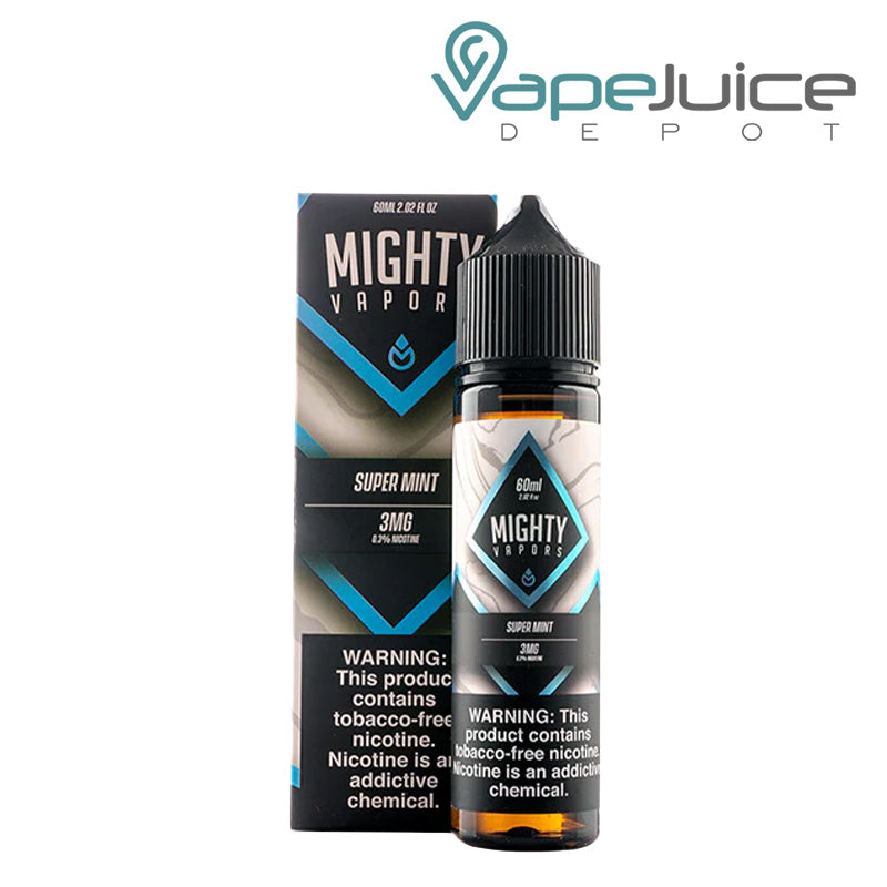 A Box of Super Mint Mighty Vapors with a warning sign and a 60ml bottle next to it - Vape Juice Depot