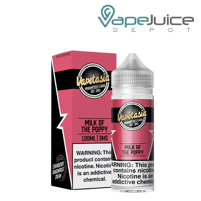 A box of  Milk Of The Poppy Vapetasia eLiquid and a 100ml bottle with a warning sign next to it - Vape Juice Depot