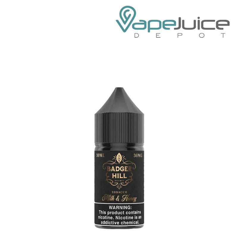 A 30ml bottle of Milk & Honey Badger Hill Reserve Salt with a warning sign - Vape Juice Depot